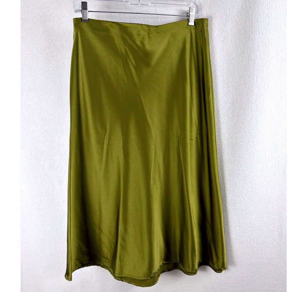 Olive Green Satin Midi Skirt Sz L Bias Cut High Waist Unbranded Olive Green